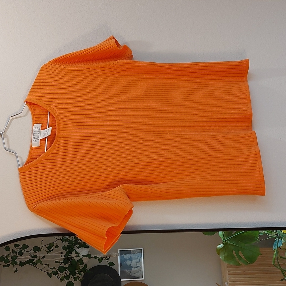 Petite Sophisticate Tangerine Ribbed Knit Shirt, Women's Petite Large